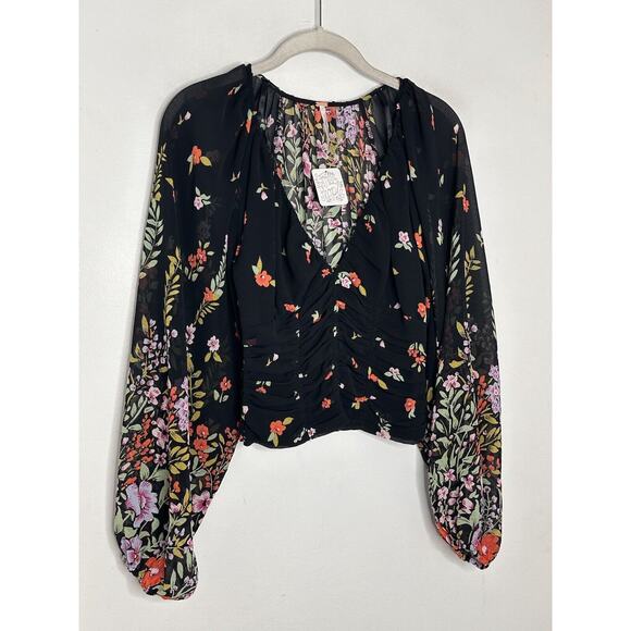 Free People Blouse Women’s Sz XS Floral Final Rose Cropped Sheer Balloon Sleeve - Picture 2 of 7